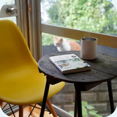 写真:テーブルの上にコーヒーと本が置いてあります。奥に猫がいます。